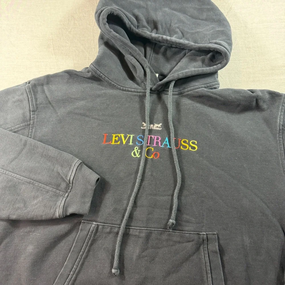 Levi Strauss & Co Hoodie Mens Medium Black Excellent Rainbow Embroidered Logo